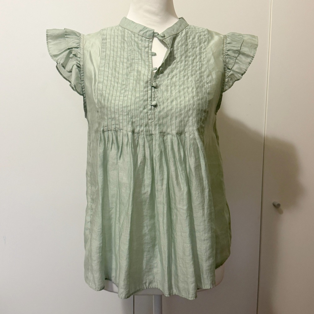 Current Air Blouse S Light Green Pintuck Ruffle Babydoll Boho Cottage Prarie